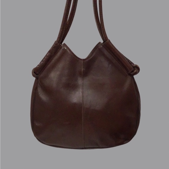 Vintage Brown Leather Shoulder Bag with Cut-Out Oval Front Pocket Braided Edge - Picture 3 of 10